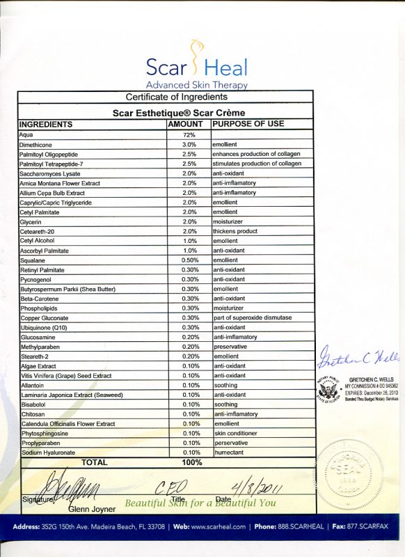 GIẤY CHỨNG NHẬN THÀNH PHẦN SCAR ESTHETIQUE